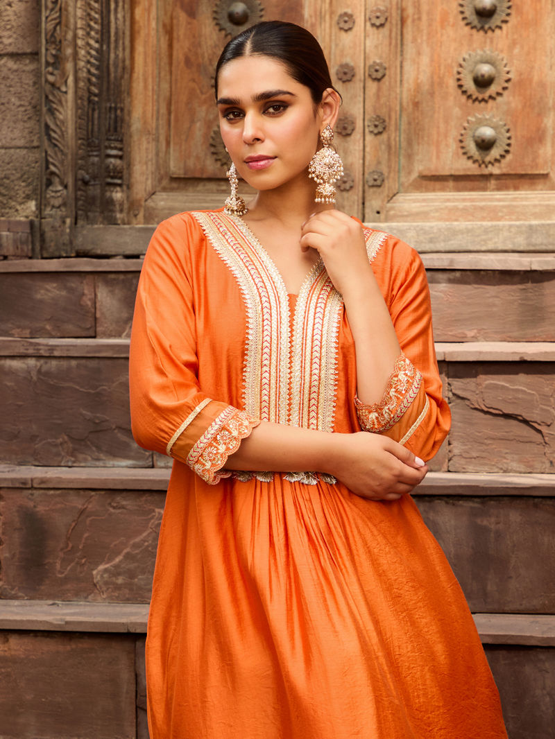Gota Embroidered Orange Chanderi Kurta Pant Set