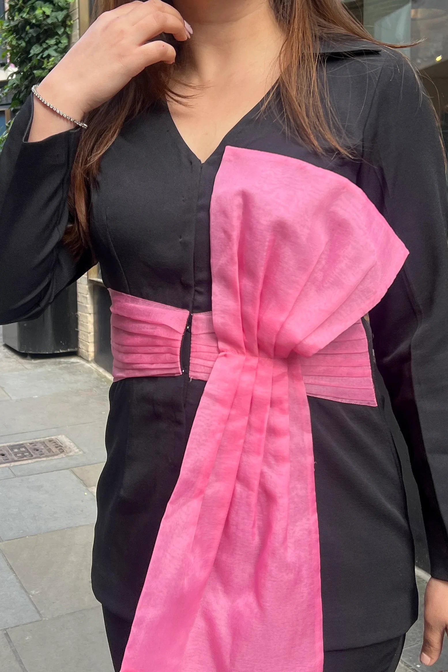 Banana Crepe Black Cordset Organza Detailing