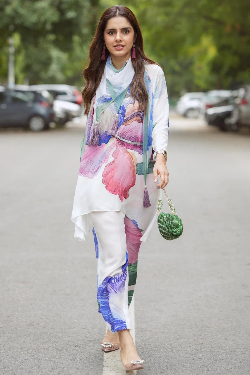 White Floral Viscose Crepe 3-Piece Set