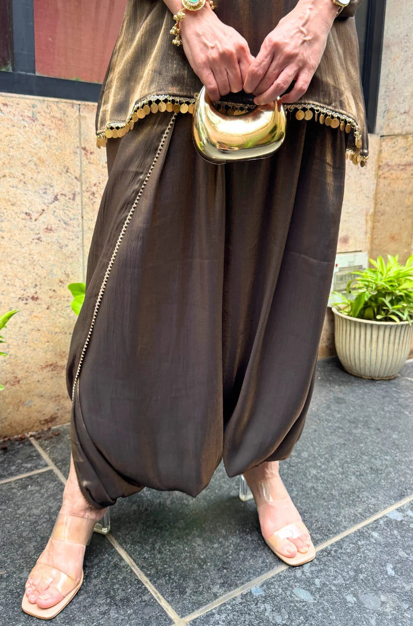 Mahira Luxe Shimmer Silk Tunic Top with Dhoti Skirt
