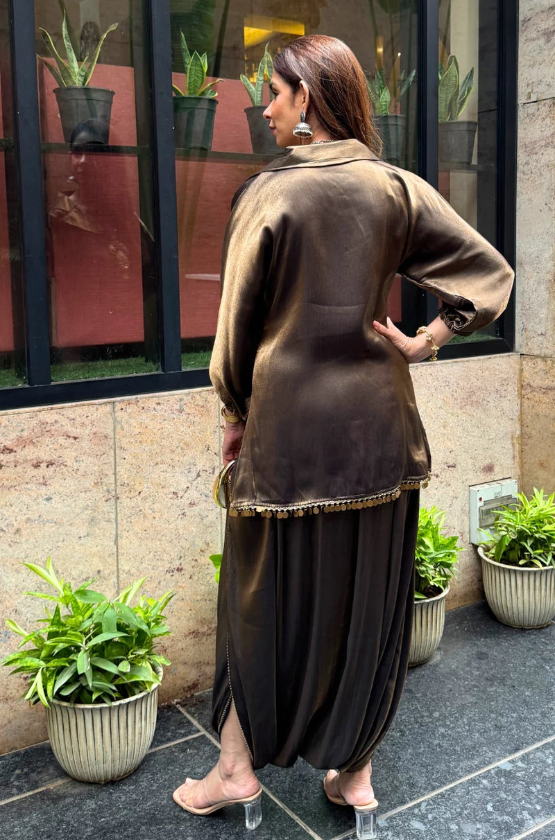 Mahira Luxe Shimmer Silk Tunic Top with Dhoti Skirt
