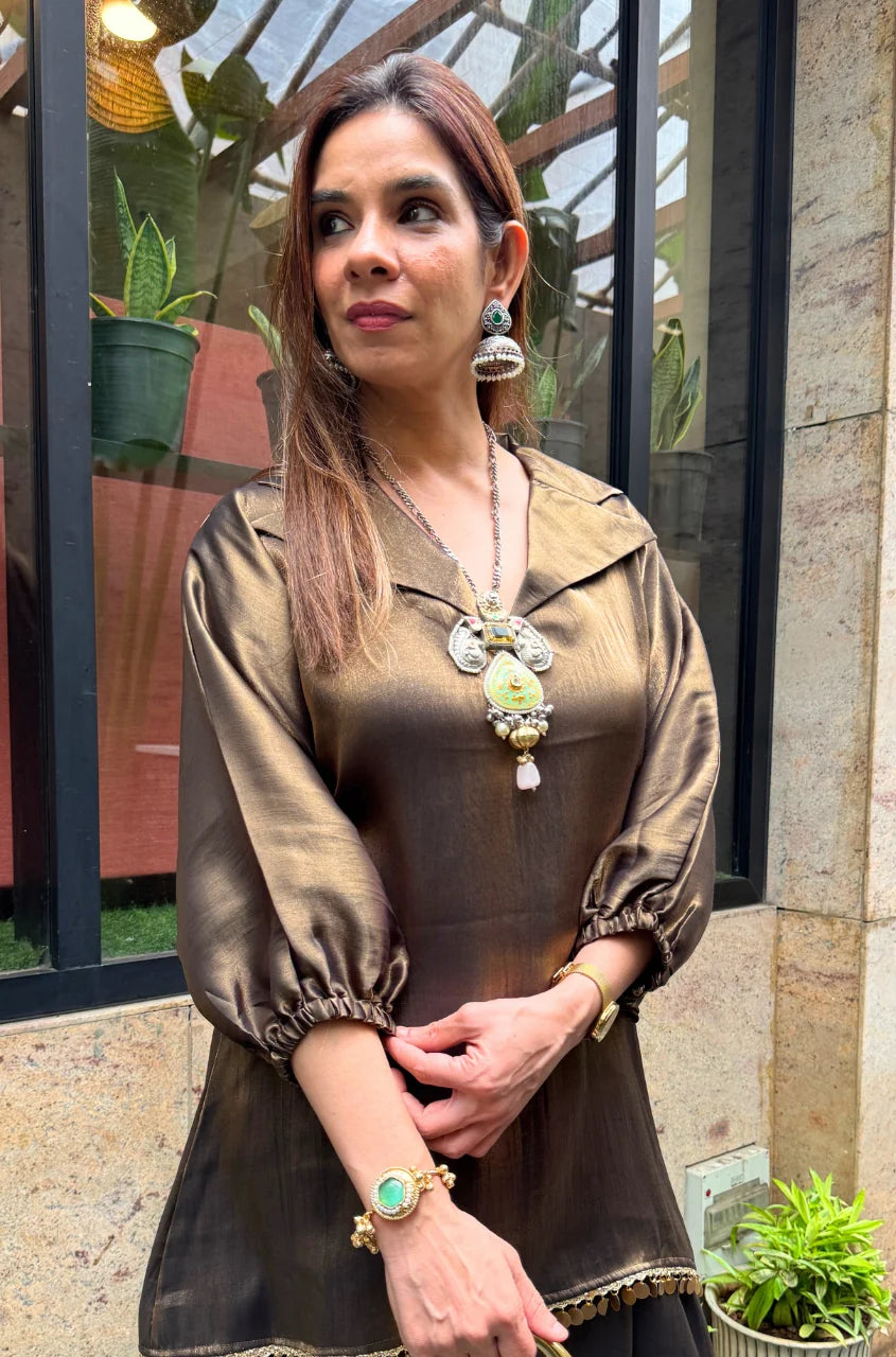 Mahira Luxe Shimmer Silk Tunic Top with Dhoti Skirt
