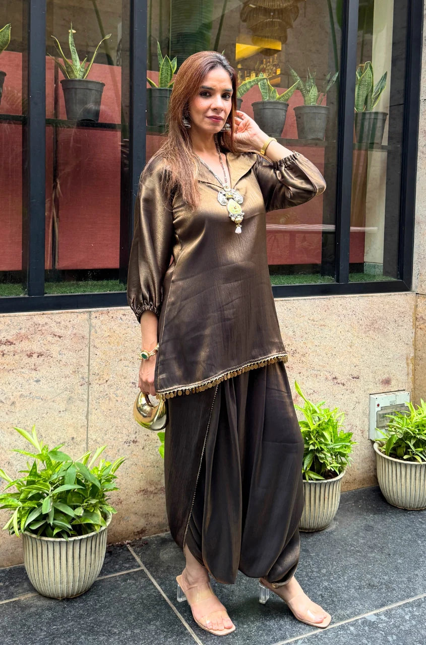 Mahira Luxe Shimmer Silk Tunic Top with Dhoti Skirt