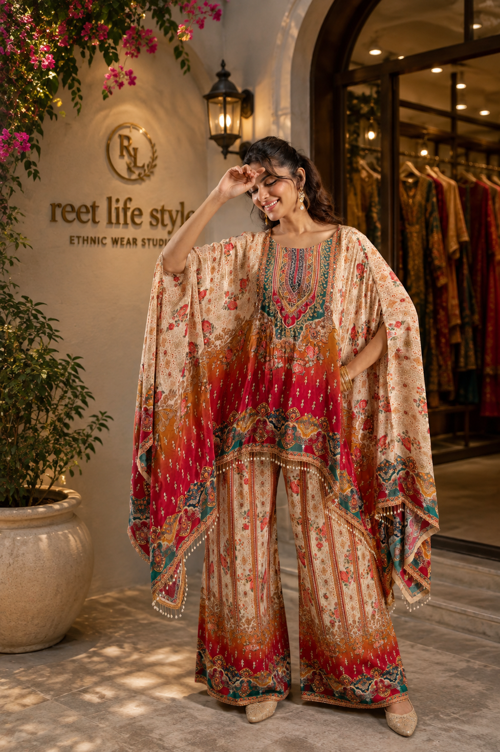 Jewel Print Crepe Kaftan Set