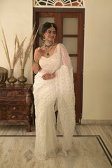 White Chiffon Hand Embroidered Gota Saree