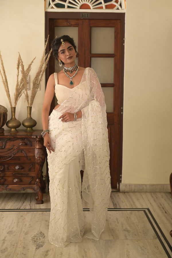 White Chiffon Hand Embroidered Gota Saree