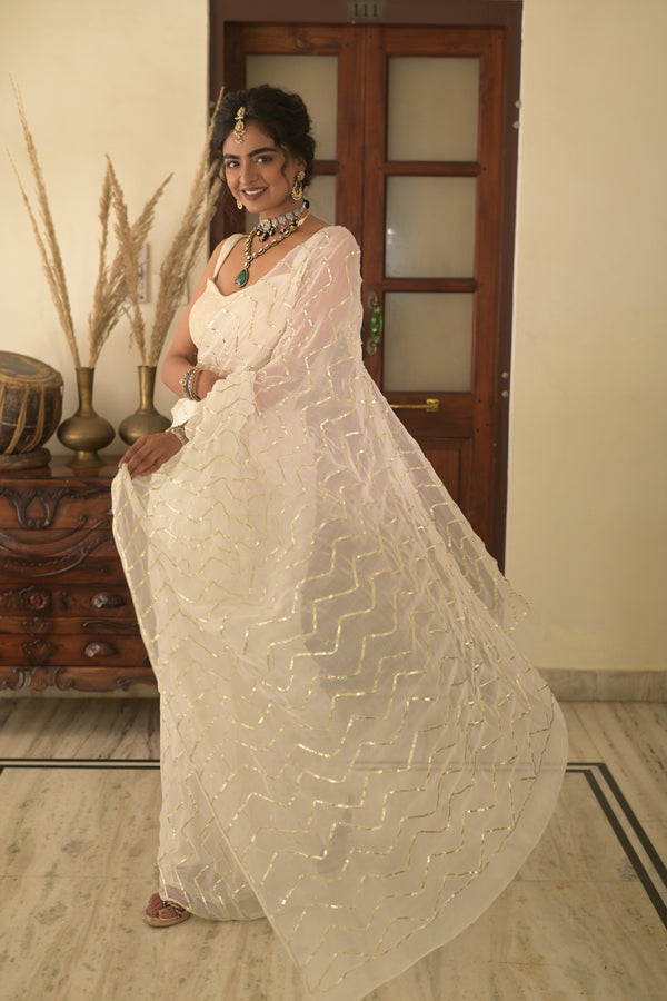 White Chiffon Hand Embroidered Gota Saree