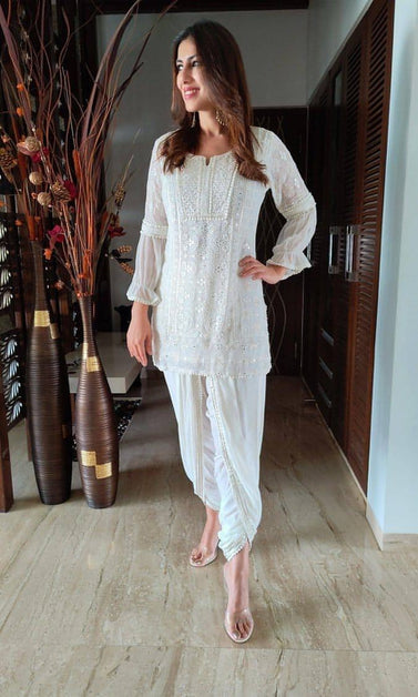 White embroidered kurti set for women