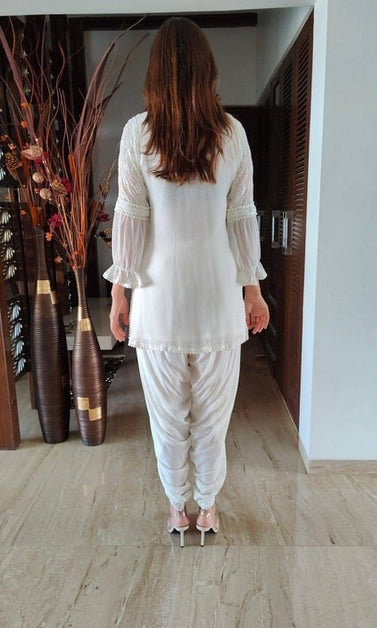 White chikan kurti with chanderi pants