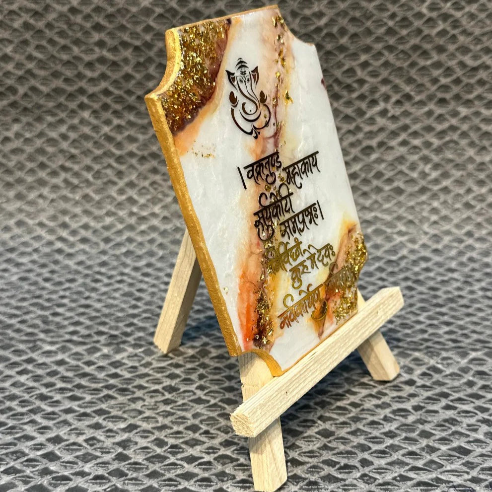 White Epoxy Ganesha Mantra Frame with Stand