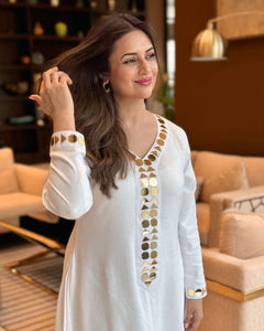 White Gold Dress with Mirror-Work