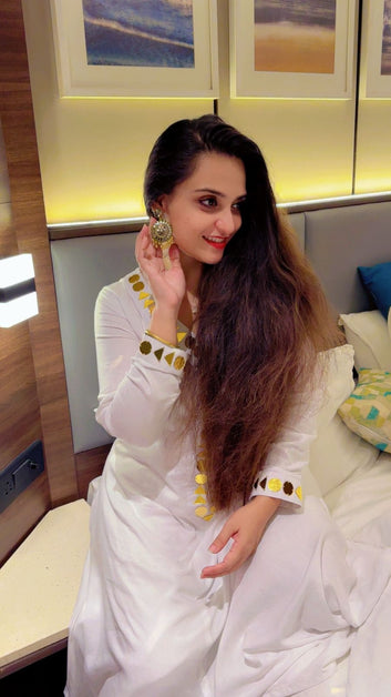 Cotton White Gold Mirror Work Dress