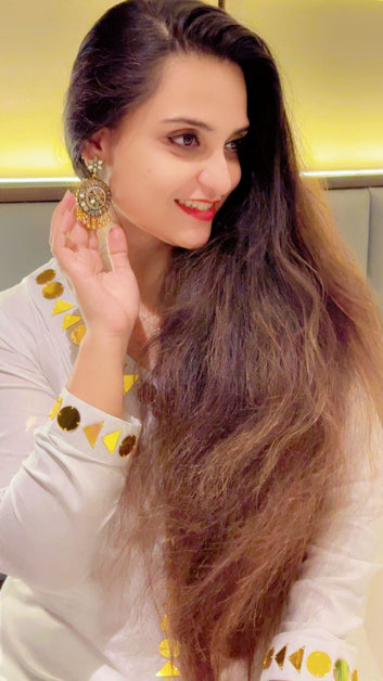 Cotton White Gold Mirror Work Dress