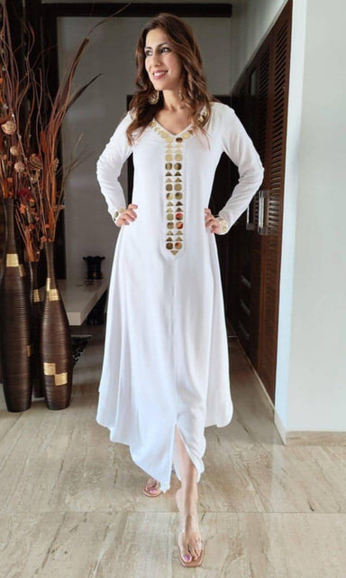 White Gold Dress with Mirror-Work