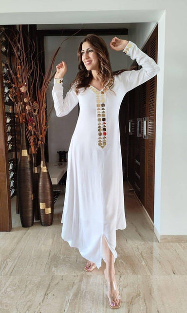 Cotton White Gold Mirror Work Dress