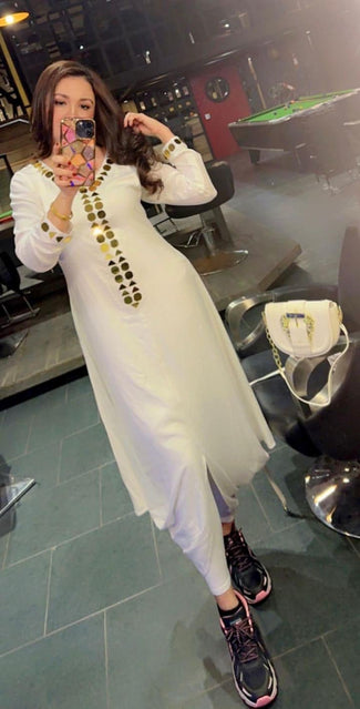 Cotton White Gold Mirror Work Dress