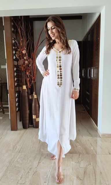 Cotton White Gold Mirror Work Dress