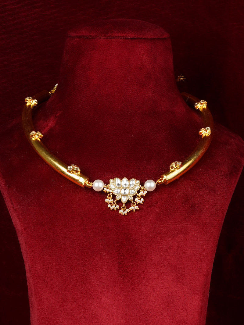 White Jadau Kundan Gold Necklace Set – MS2498