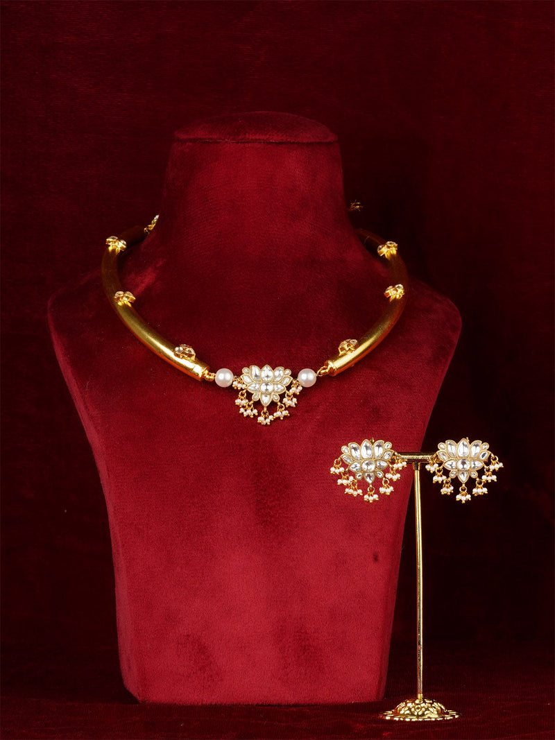 White Jadau Kundan Gold Necklace Set – MS2498