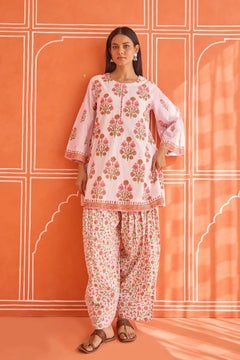 WHITE-PINK FLORAL HAND BOCK PRINTED KURTA & FARSI SALWAR CO-ORD SET