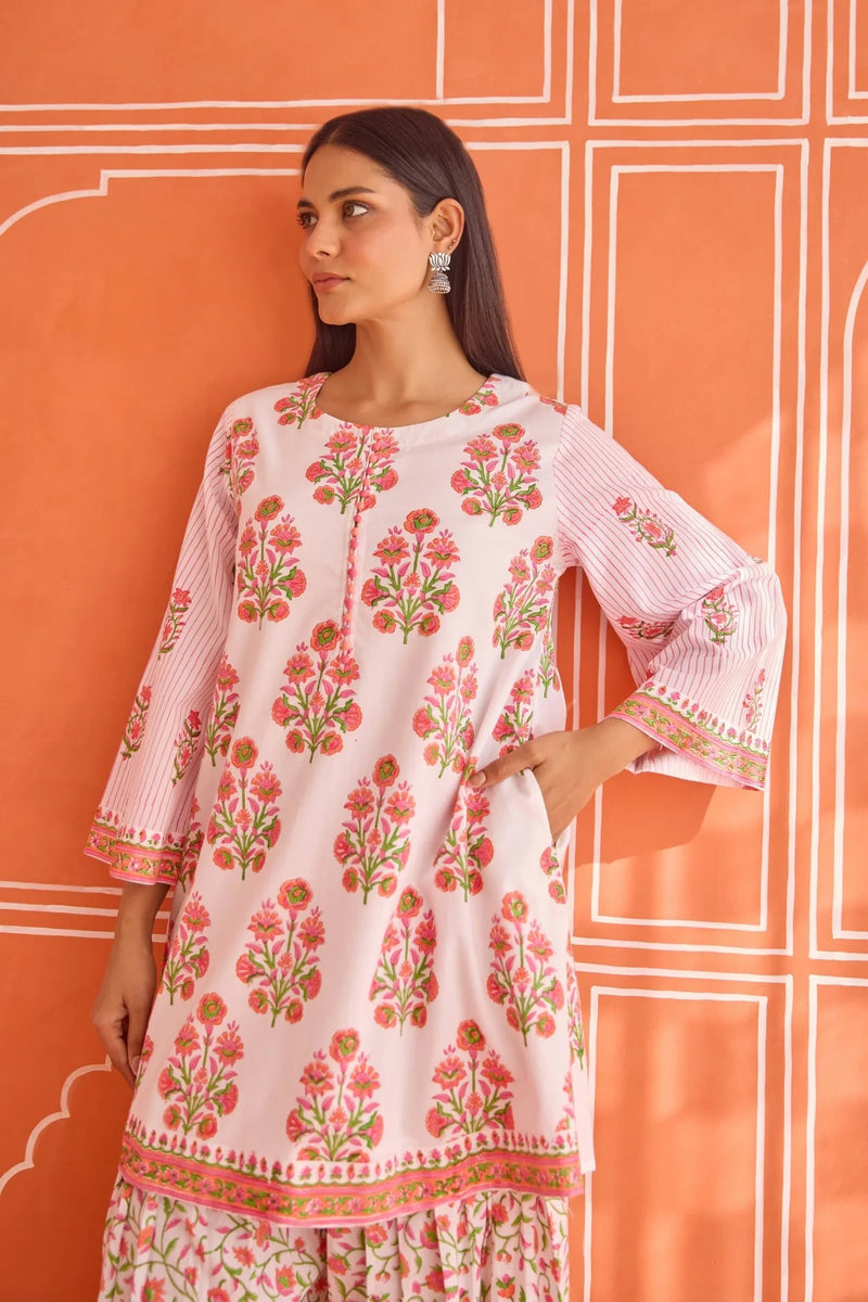 WHITE-PINK FLORAL HAND BOCK PRINTED KURTA & FARSI SALWAR CO-ORD SET