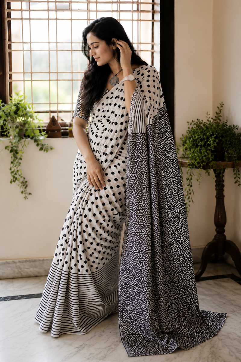 Monochrome Muse Printed Cotton Saree