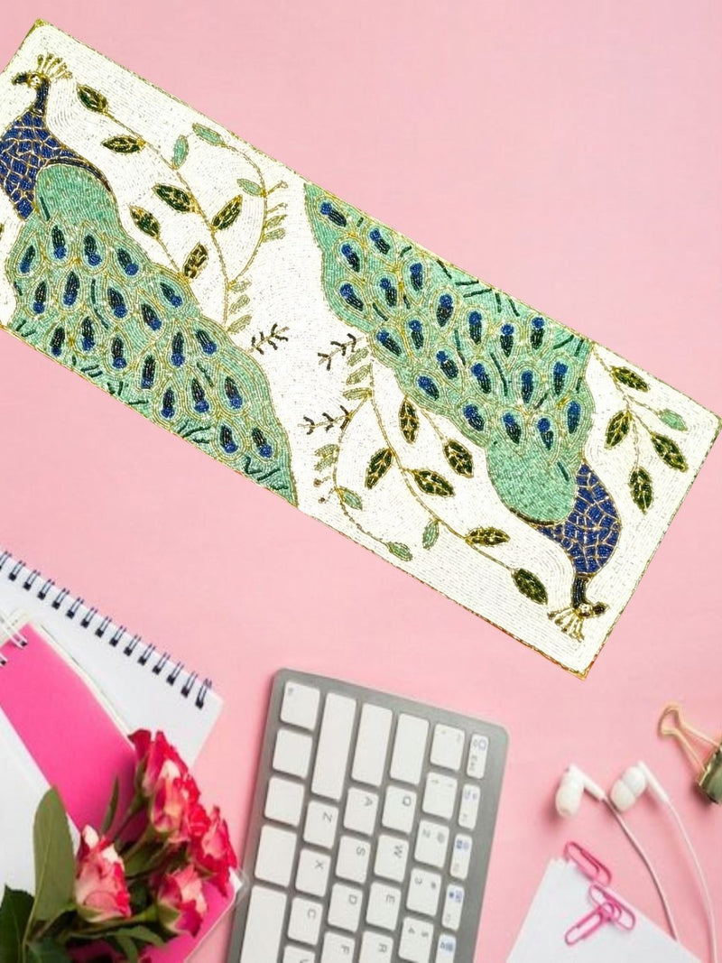 White Blue Beaded Floral Table Runner