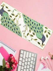 White Blue Beaded Floral Table Runner