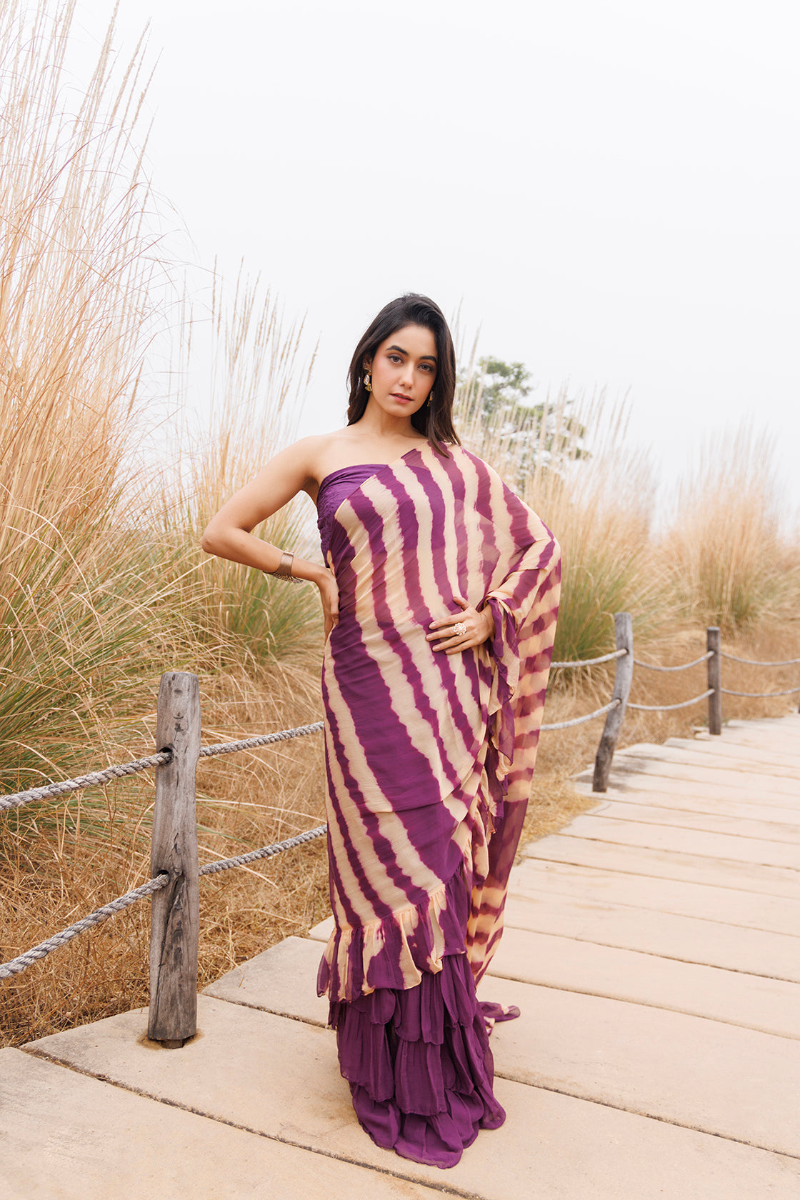 Wine & Beige Ruffle Chiffon Saree  Stitched Leheriya Chiffon Saree