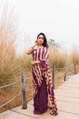 Wine & Beige Ruffle Chiffon Saree  Stitched Leheriya Chiffon Saree