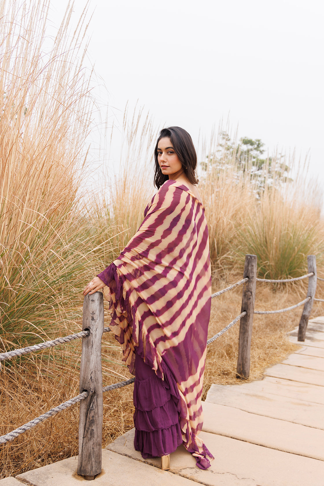 Wine & Beige Ruffle Chiffon Saree  Stitched Leheriya Chiffon Saree