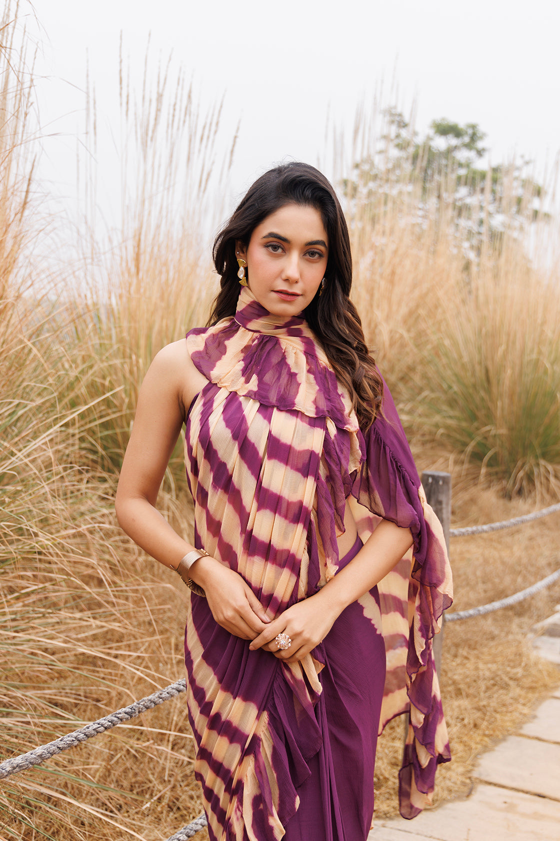 Wine & Beige Ruffle Chiffon Saree  Stitched Leheriya Chiffon Saree
