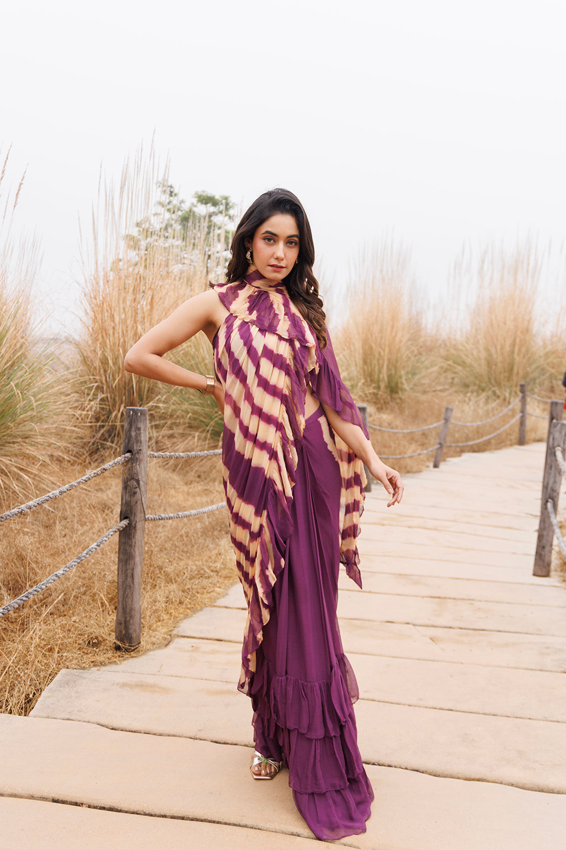 Wine & Beige Ruffle Chiffon Saree  Stitched Leheriya Chiffon Saree