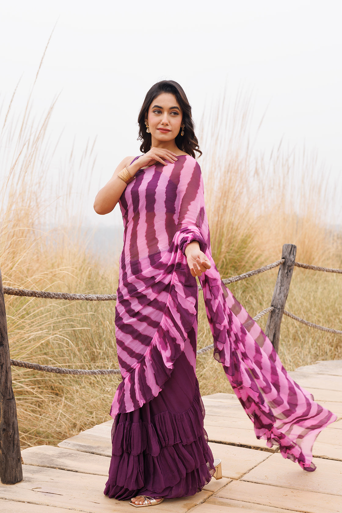 Wine & Pink Ruffle Chiffon Saree  Stitched Leheriya Chiffon Saree