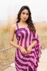Wine & Pink Ruffle Chiffon Saree  Stitched Leheriya Chiffon Saree