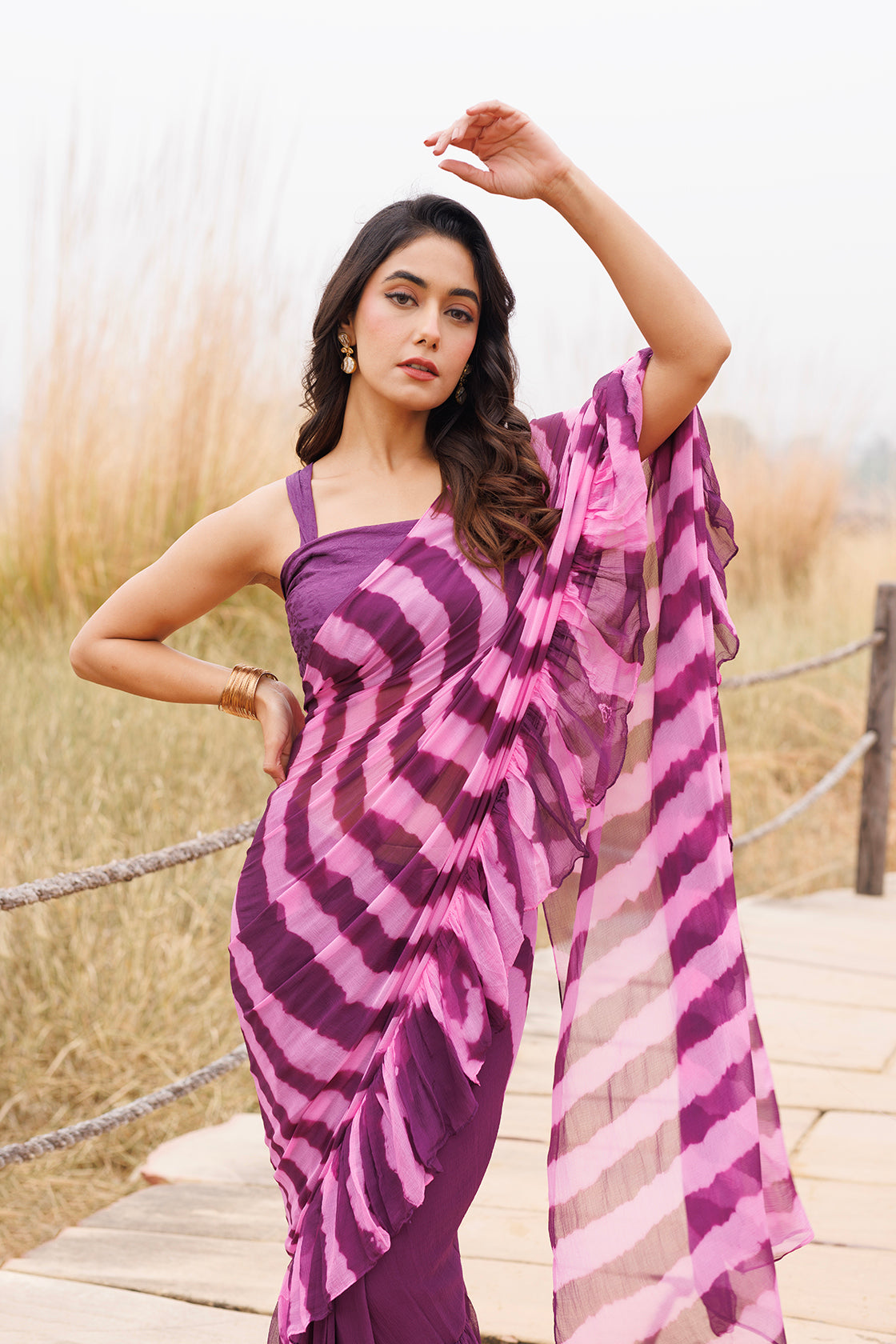 Wine & Pink Ruffle Chiffon Saree  Stitched Leheriya Chiffon Saree