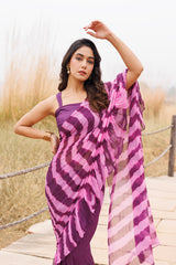 Wine & Pink Ruffle Chiffon Saree  Stitched Leheriya Chiffon Saree