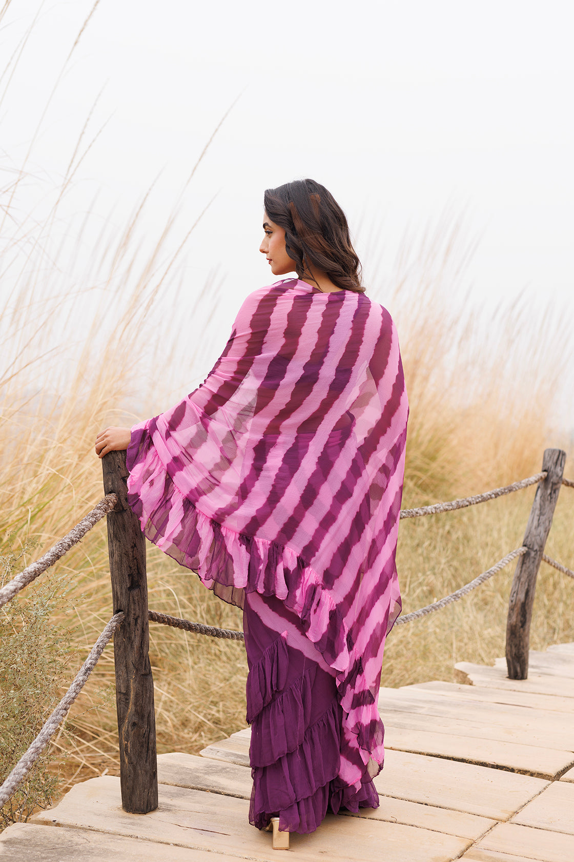 Wine & Pink Ruffle Chiffon Saree  Stitched Leheriya Chiffon Saree