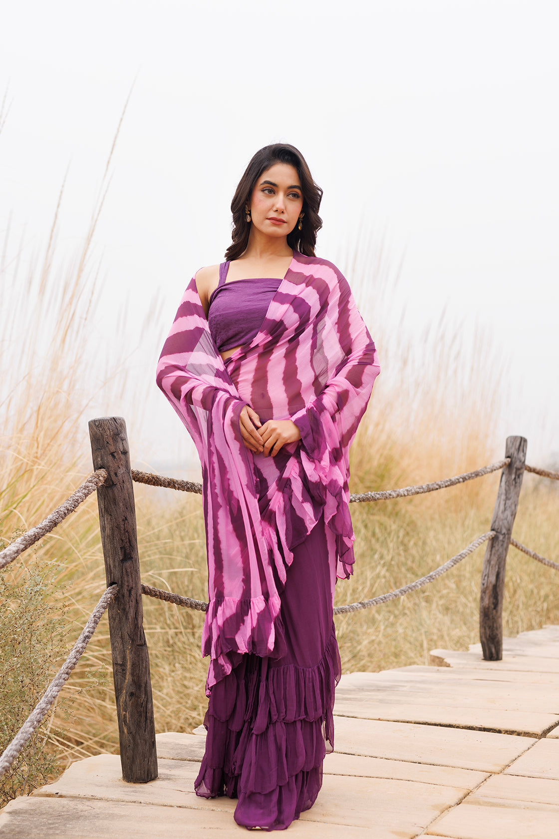 Wine & Pink Ruffle Chiffon Saree  Stitched Leheriya Chiffon Saree