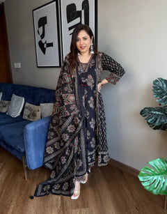 Ashna noir Ajrakh print Anarkali suit