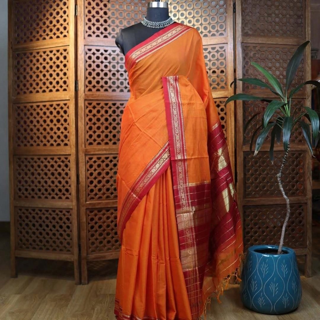 Handloom Cotton Silk Ilkal Saree With Pure Resham Pallu - Orange and Red Border
