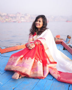 White and Red Banarasi Silk Saree With Ganga Ghat Weaving