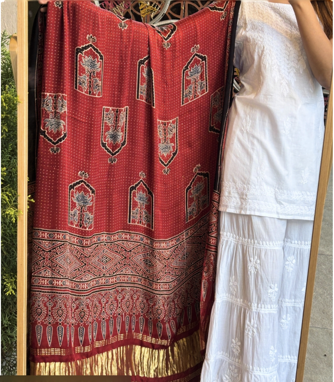 Maroon Ajarakh Silk Dupatta