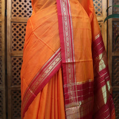 Handloom Cotton Silk Ilkal Saree With Pure Resham Pallu - Orange and Red Border