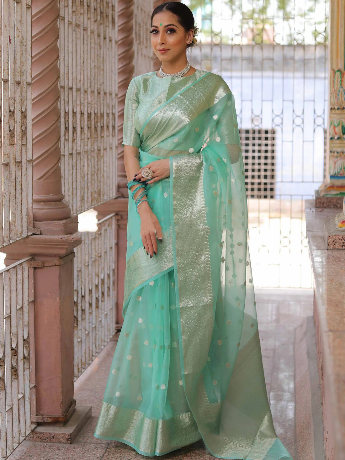 Women’s Sea Green Banarasee Organza Saree
