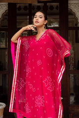 pink bandhej kaftan outfit