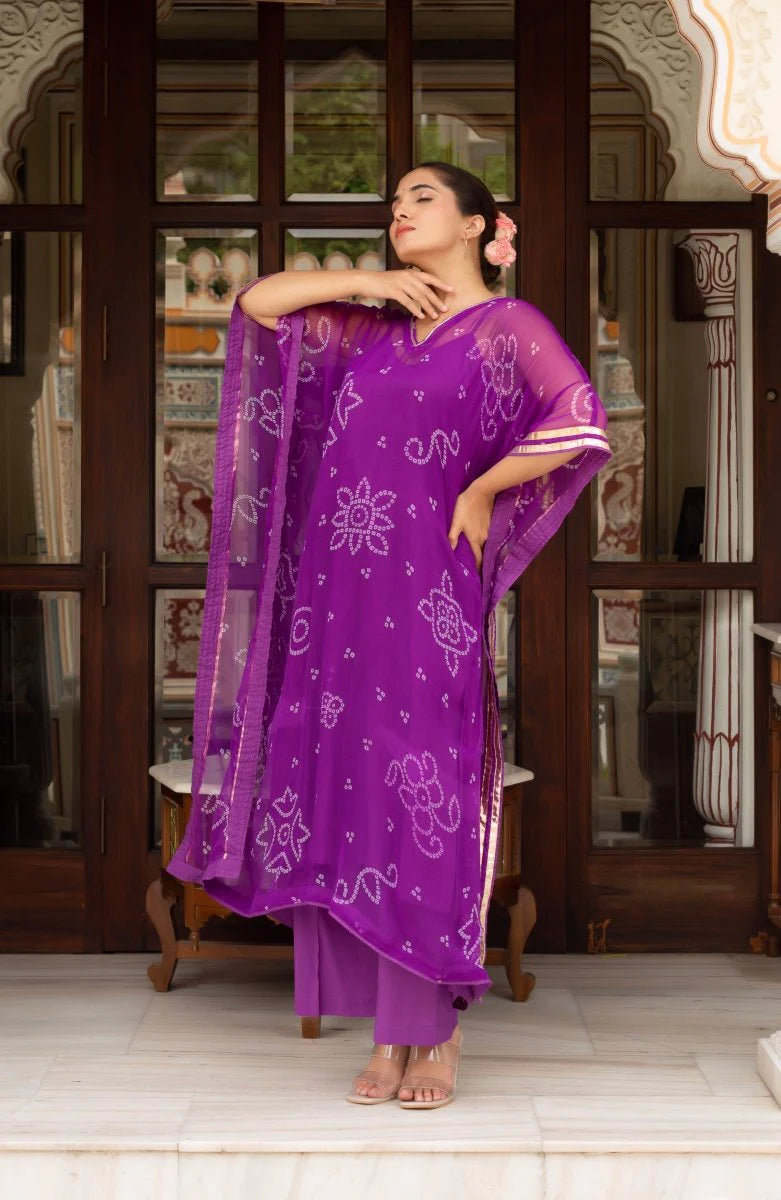 Bandhej Women's Purple Kaftan with Cotton Pant & Inner