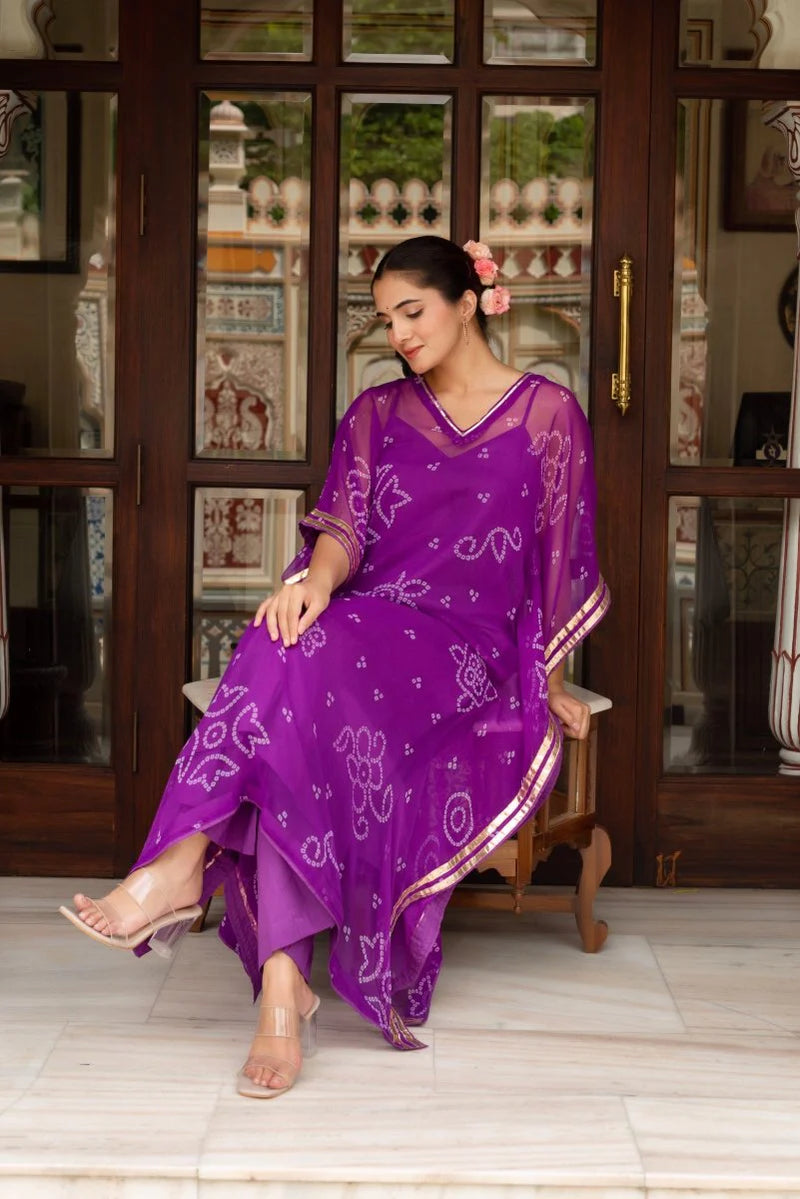 purple bandhej kaftan outfit