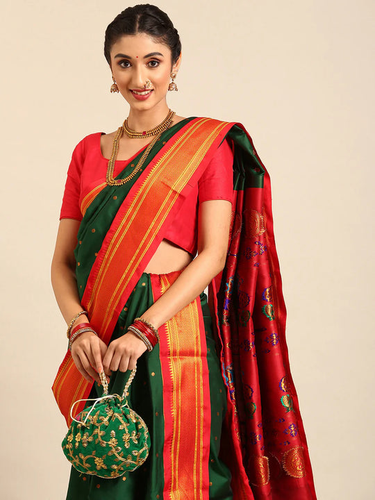 Bottle green & red saree