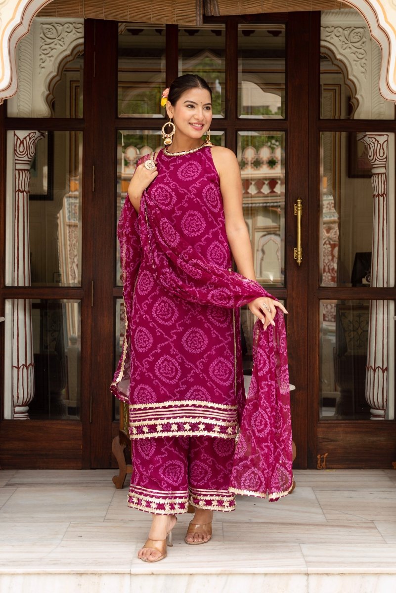 Women's Cranberry Bandhej Kurta Set with Dupatta